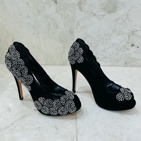 KAREN MILLEN {6} Black Silver Beaded Pumps Peep Toe Stiletto - Picture 3 of 16